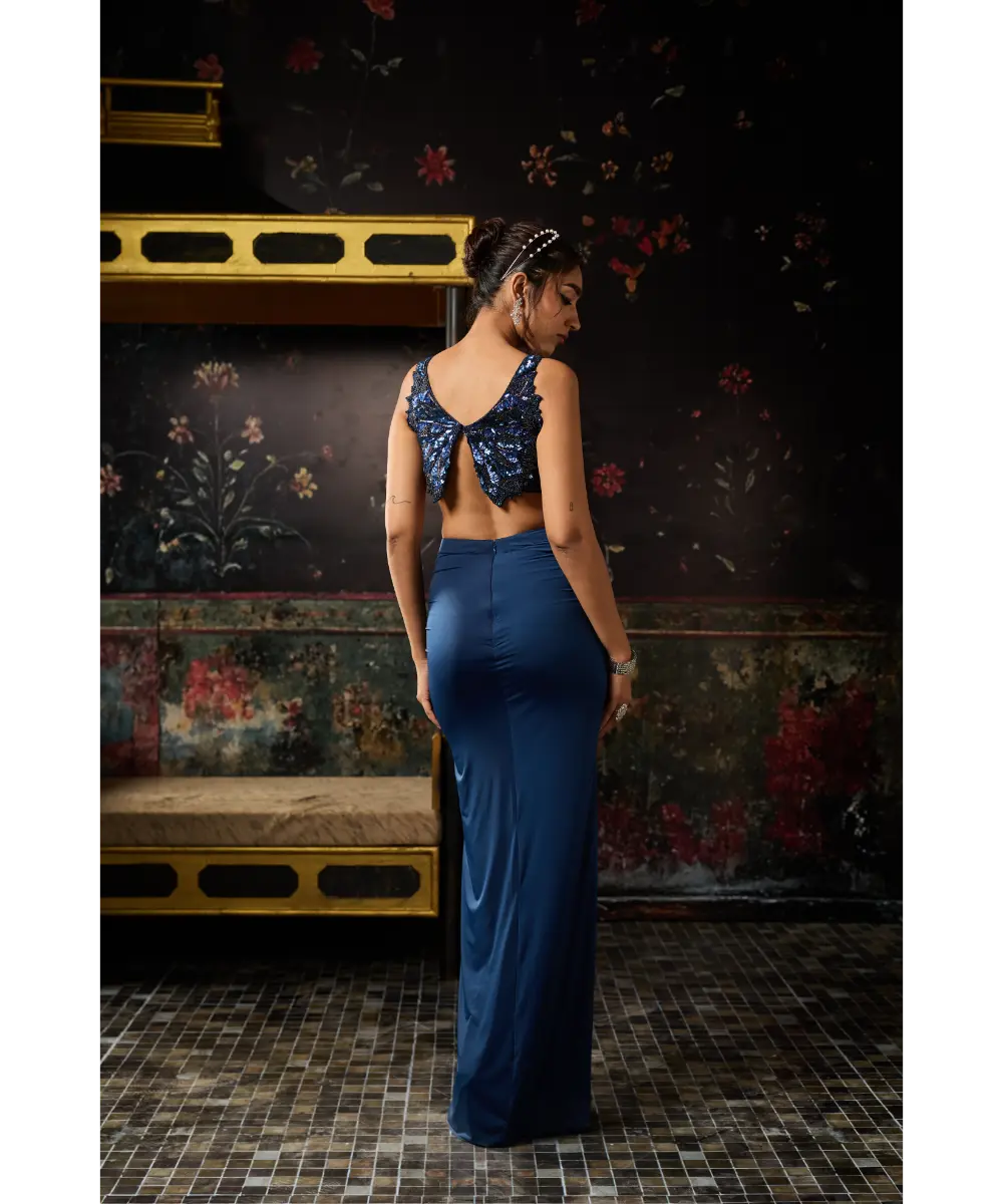 DIYARAJVVIR - TEAL BLUE CUTWORK BLOUSE WITH DRAPED SKIRT SET